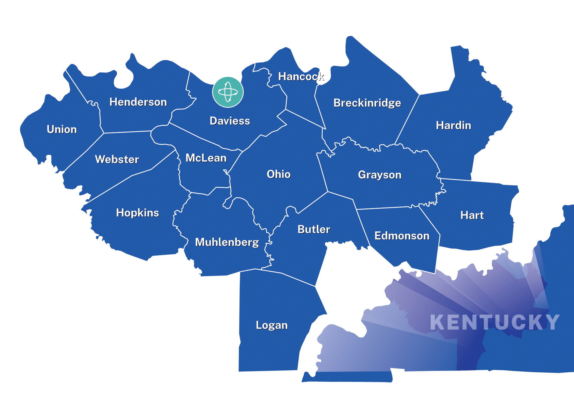 Service Area Map highlighting 16 counties in western Kentucky.