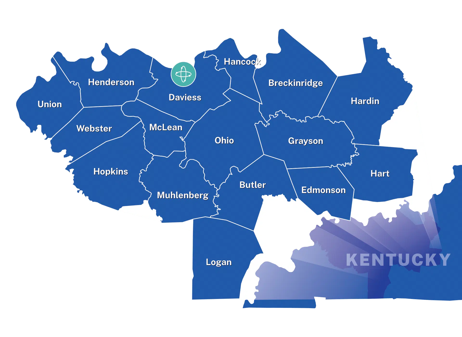 Service Area Map highlighting 16 counties in western Kentucky.